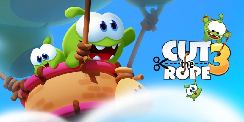 Om Nom in a hot air balloon looking incredibly excited