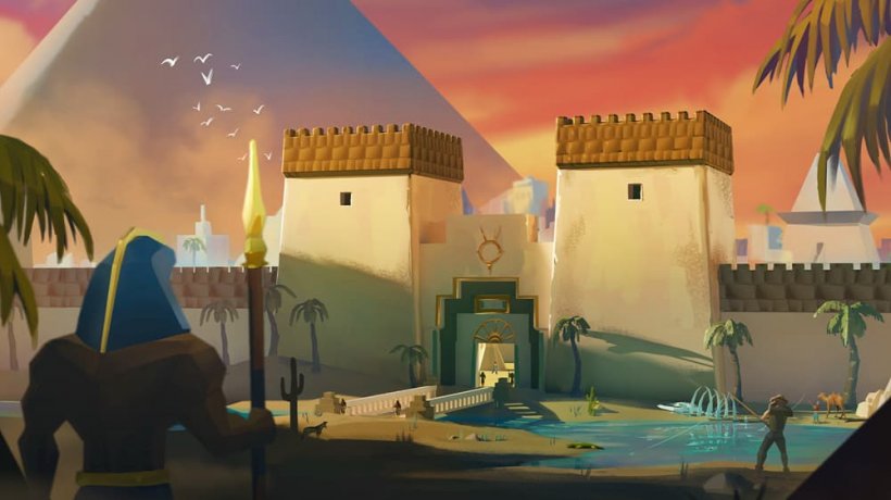 An image of a man wearing a blue headdress standing guard over a city with a large pyramid at its center at dusk.