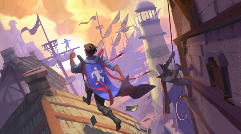 A medieval armoured figure races across a rooftop. Other figures in the background also perform feats of agility.