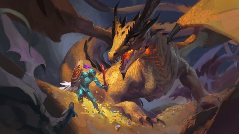 An enormous dragon lunges at an armoured knight as the hoard of gold below it shifts like water.