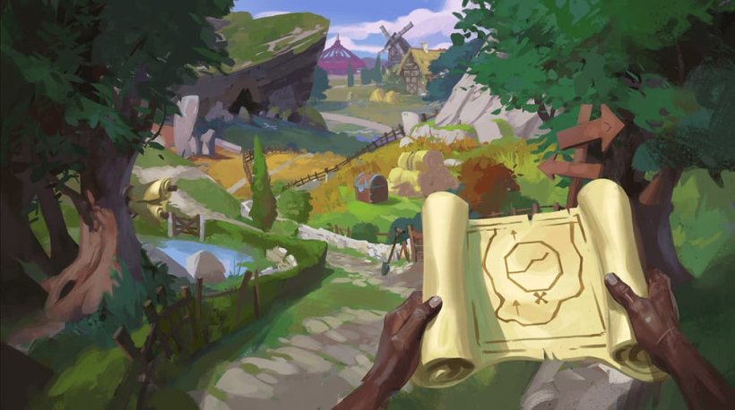 A first-person image of someone looking at a map in a landscape punctuated by a winding road.