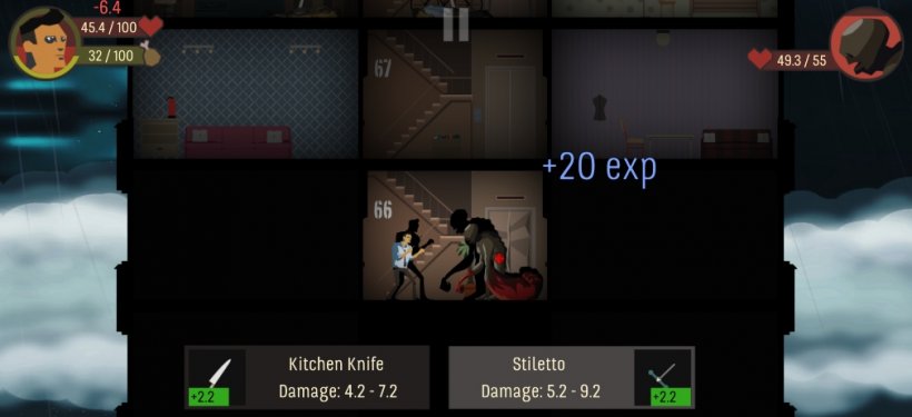 The main character of Skyhill fights against a mutant, armed with a kitchen knife and stiletto