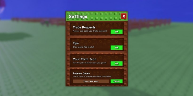 Grow a Garden's code redemption screen