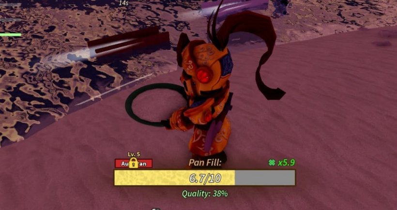 character with pan looking for minerals in the sand