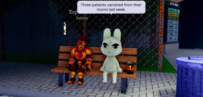 character sitting on a bench next to an animal who gives some insight into what is happening in animal hospital