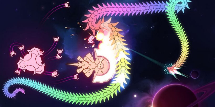Player ship battling rainbow serpentine creature
