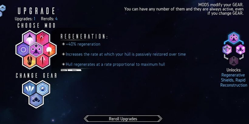 Ship upgrade options screen with Regenration mod highlighted