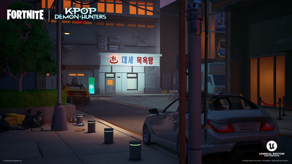 Screenshot d'une rue inspirée de KPop Demon Hunters dans Fortnite