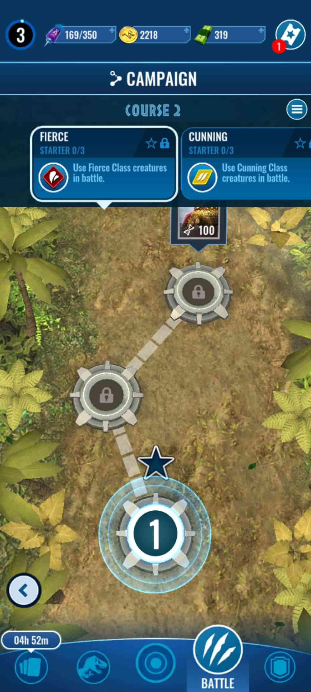 An image of a campaign track for Jurassic World Alive showing nodes going through a dense junglescape