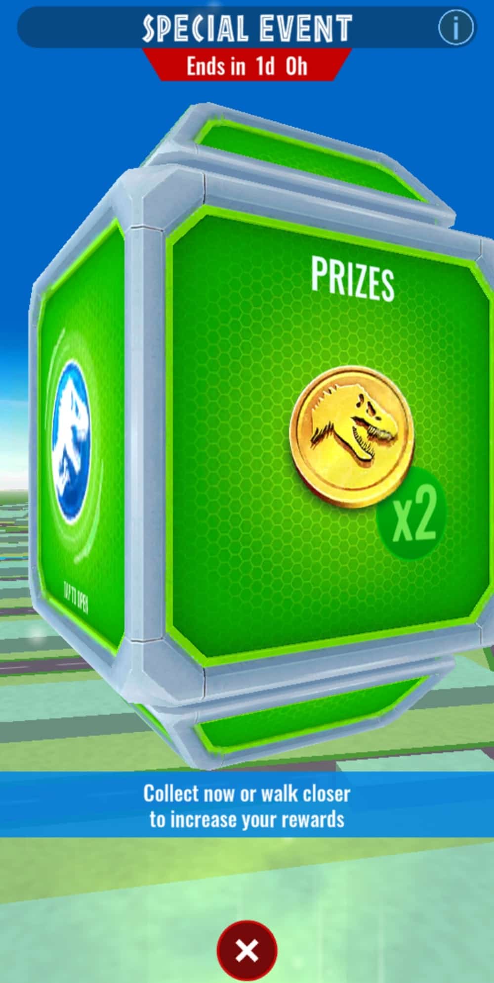 An image of a large, green glowing cube over an abstract landscape with the Jurassic Park logo centred in it