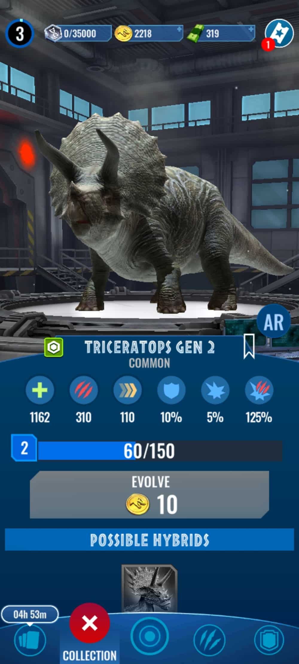 An image of a triceratops similar to the previously shown screenshot, only this time with higher stats.