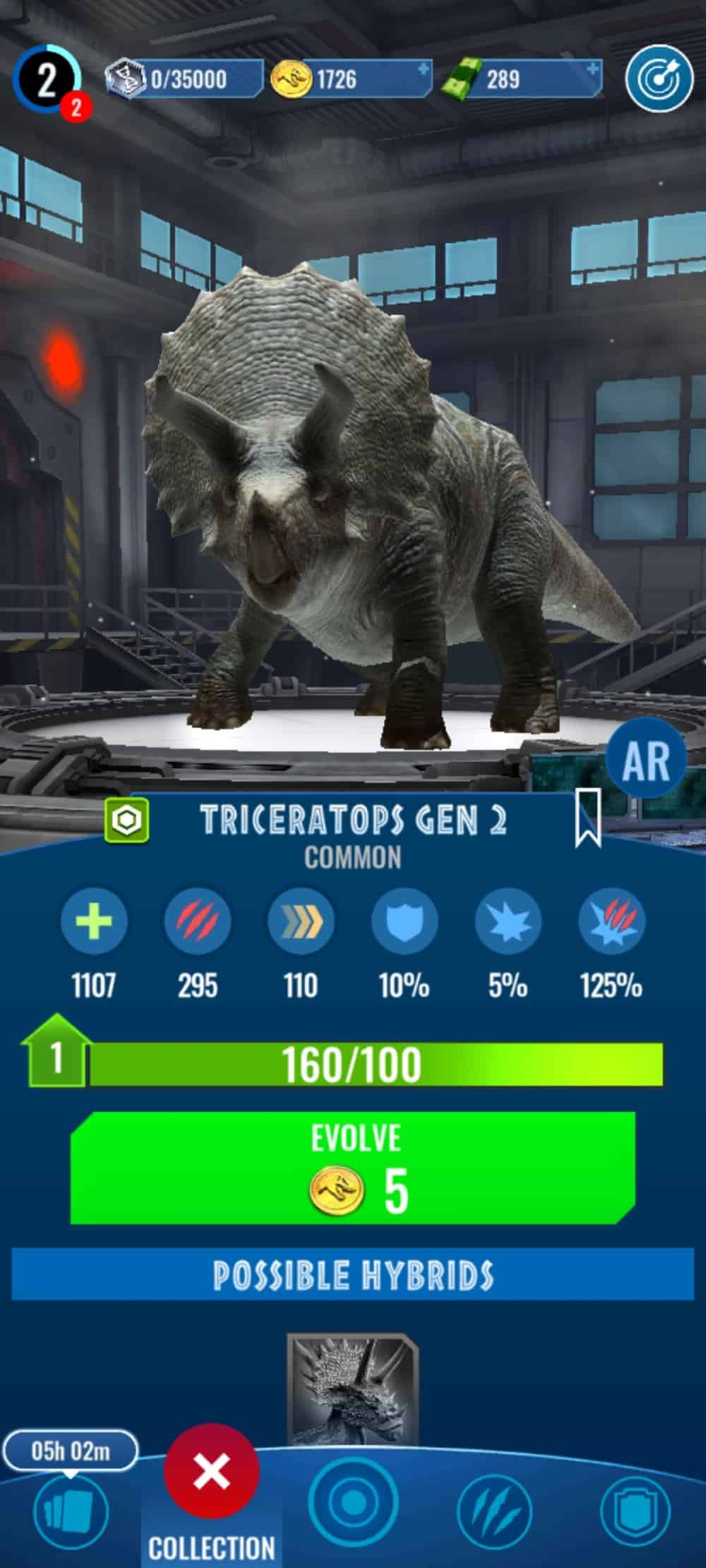 An image of a triceratops on top of a technological platform, stats are displayed below as well as a green bar indicating it is ready to evolve