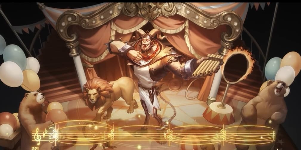 Goatman singing on stage with a lion and two bears, one of which is incredibly happy, standing near them