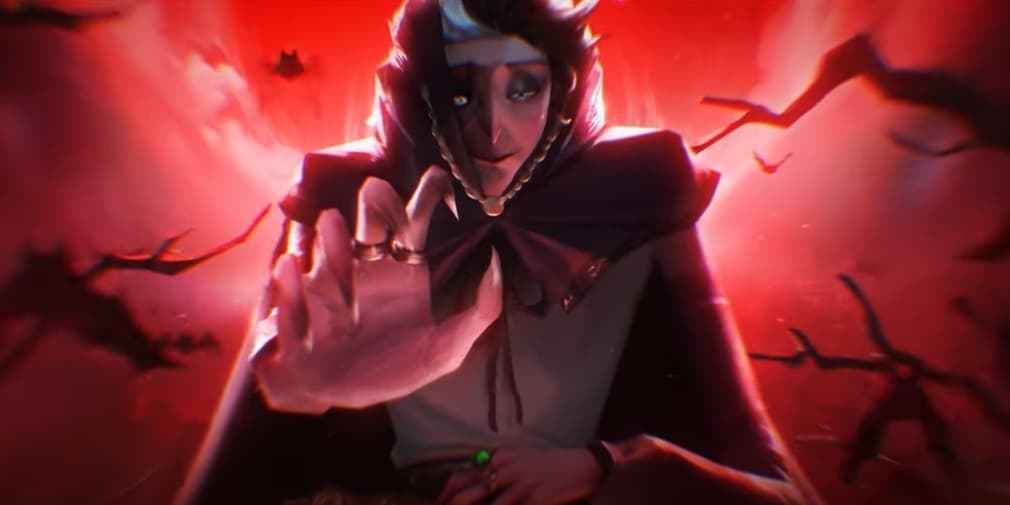 The Peddler, one of the best hunters in Identity V, reaching towards the screen with a red background