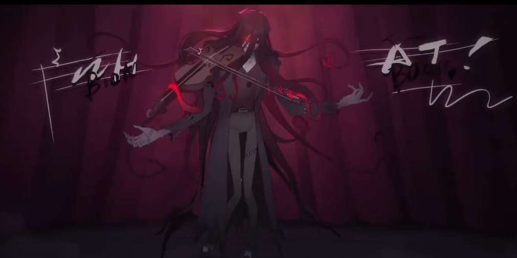 The Violinist stands on a darkened stage with their instrument ominously floating