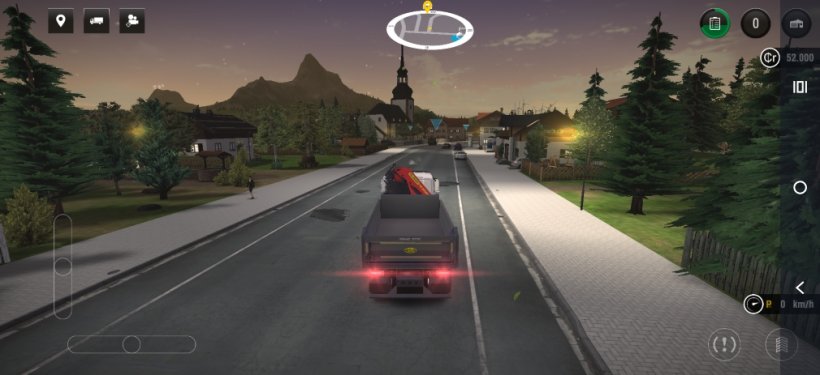 The starter truck in Construction Simulator 3 speeds through the nearby town