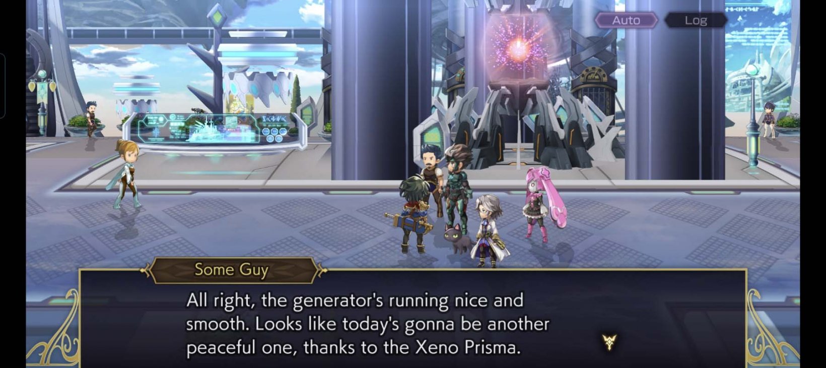 Aldo and his partymates talking to Some Guy while another instance of Some Guy lurks in the distance