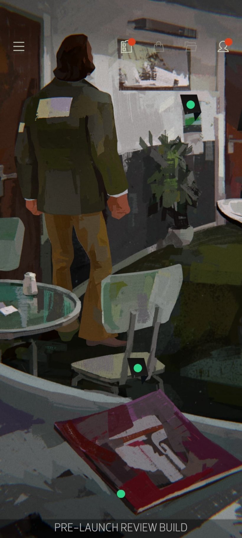 A picture of a man with sideburns stood in the hallway of a hostel, with green icons denoting interactive objects