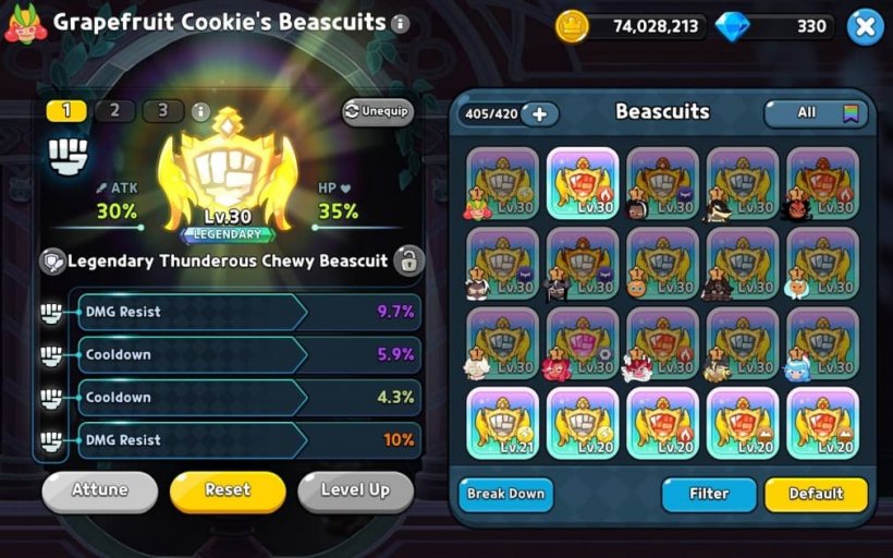 grapefruit cookie beascuit with two cooldown stats and two damage resist stats