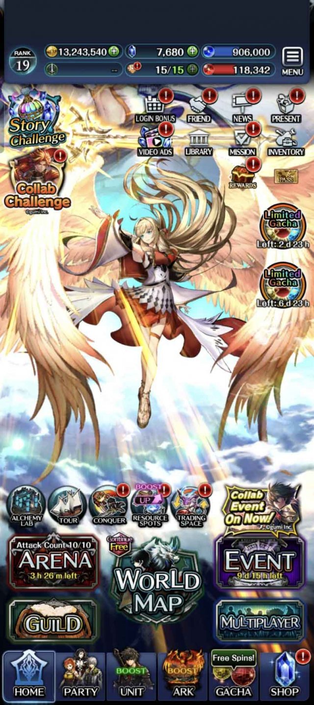 spirit maiden theria at the centre of a very cluttered main menu