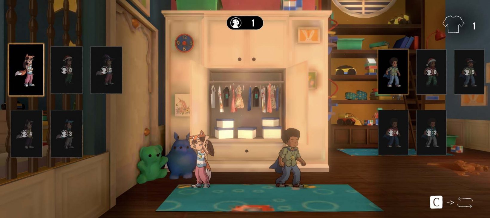 two kids in their bedroom trying out clothes