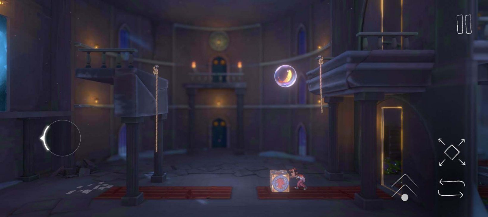 a kid pushing a block in a huge puzzle room