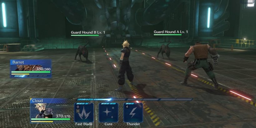 An image of Cloud Strife, a blonde warrior wielding a sword, and Barrett, a large man wielding a gun, facing off against enemy soldiers.
