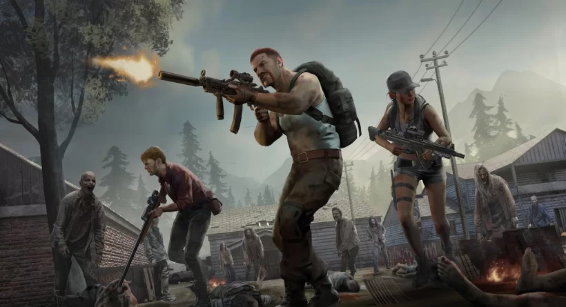 Four survivors fighting off zombie hordes in a dark, abandoned building
