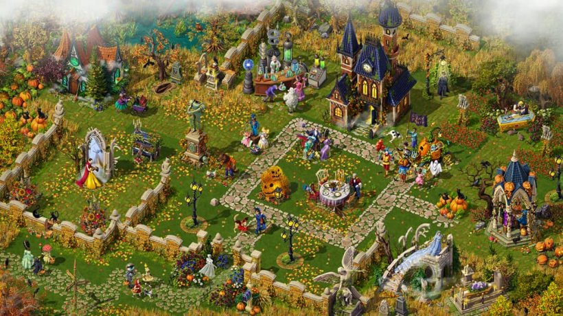 An isometric island landscape centered around a manor with various spooky goings-on around it