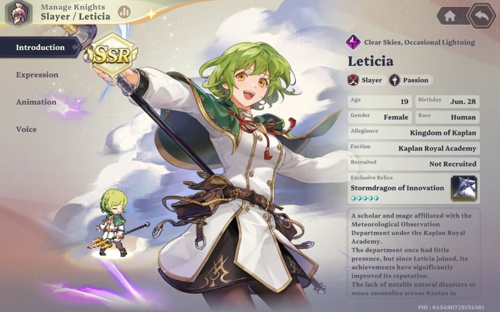 leticia the green-haired slayer with a white suit and green cape