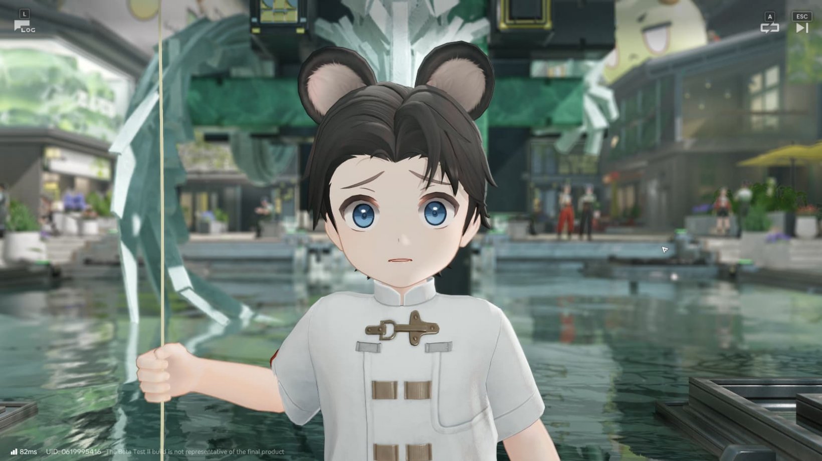 A child wearing panda ears holding a balloon looks mildly unnerved