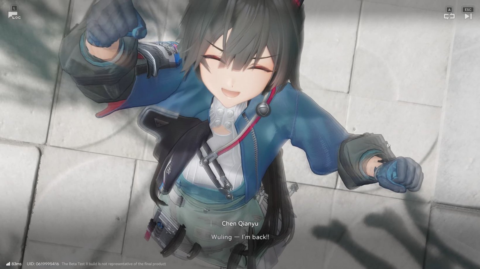 A woman with dragon horns in an anime-style outfit pumps her fist in the air while declaring her return