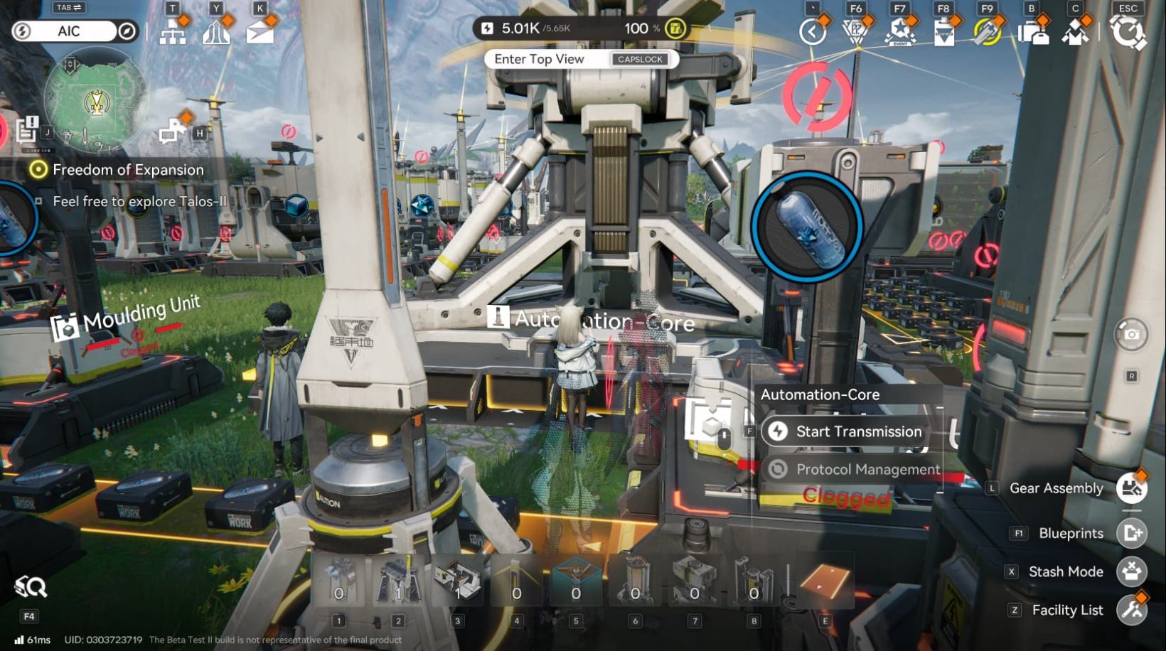 Videogame characters stand amidst an industrial factoryscape featuring white machinery