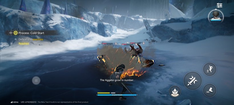 A young man in combat with angular stone-like enemies, flashy effects dominate the screen and the background is a snow-covered landscape.