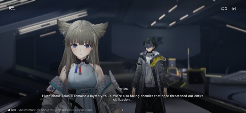 A young woman with white hair and cat ears stands in front of a young man with a blank mask as she speaks about their mission