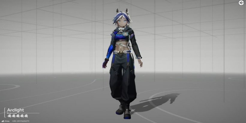 arclight full body girl with gray skin and white and blue hair