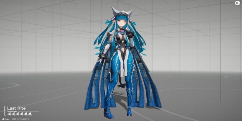 last rite girl with blue hair and blue tech suit