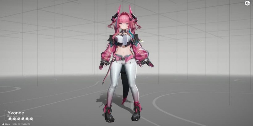full body yvonne girl with pink hair and a floating pink orb