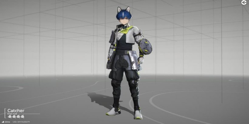 full body catcher boy with husky ears and tail and blue hair and eyes