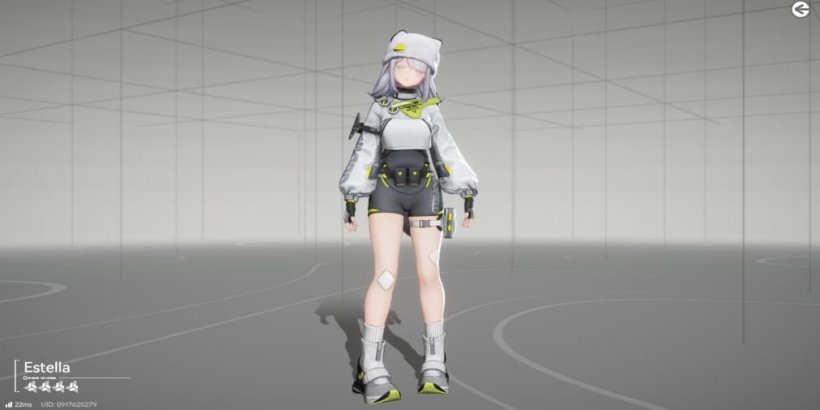 full body estella girl with white hair and a white cap