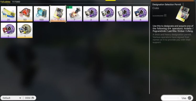 items in valuables stash including the 6 star selector