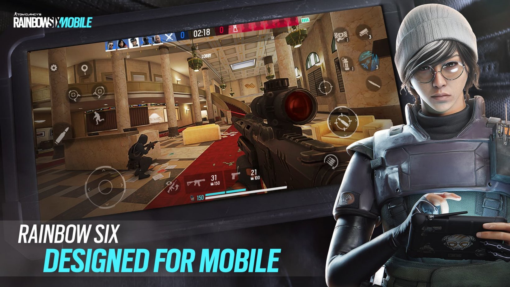A picture of a nerdy looking woman wearing a beanie and a serious expression over gameplay of Rainbow Six Mobile