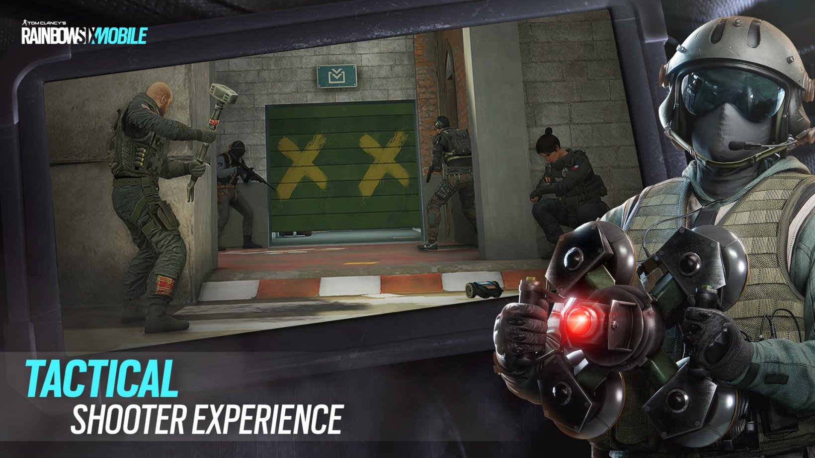 An image of a man wearing a flight-mask like helmet over Rainbow Six Mobile gameplay