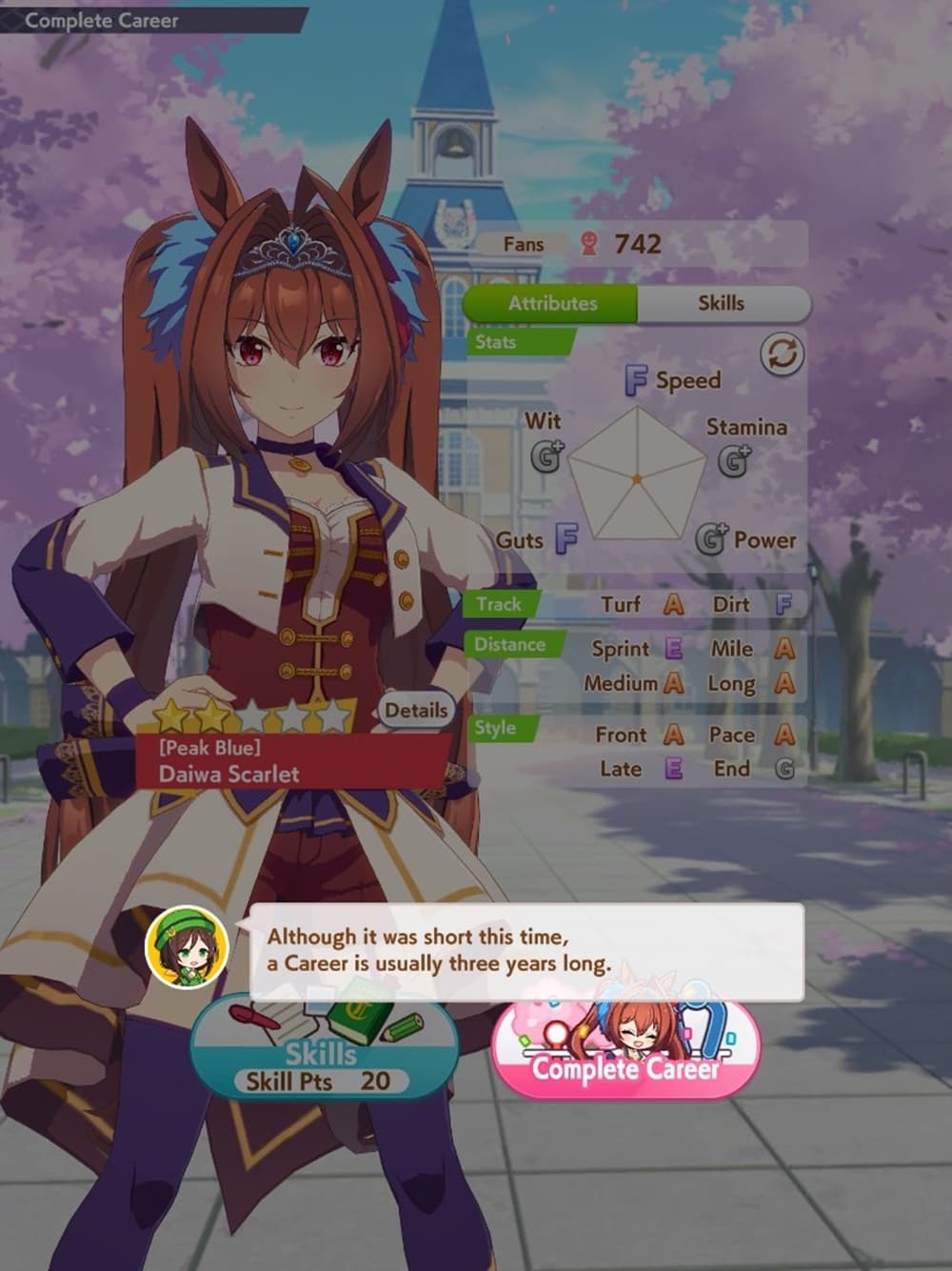 A game menu featuring a fancily-dressed girl with horse ears, a small green character in the foreground explains 'although it was a short time, a career is usually three years long.