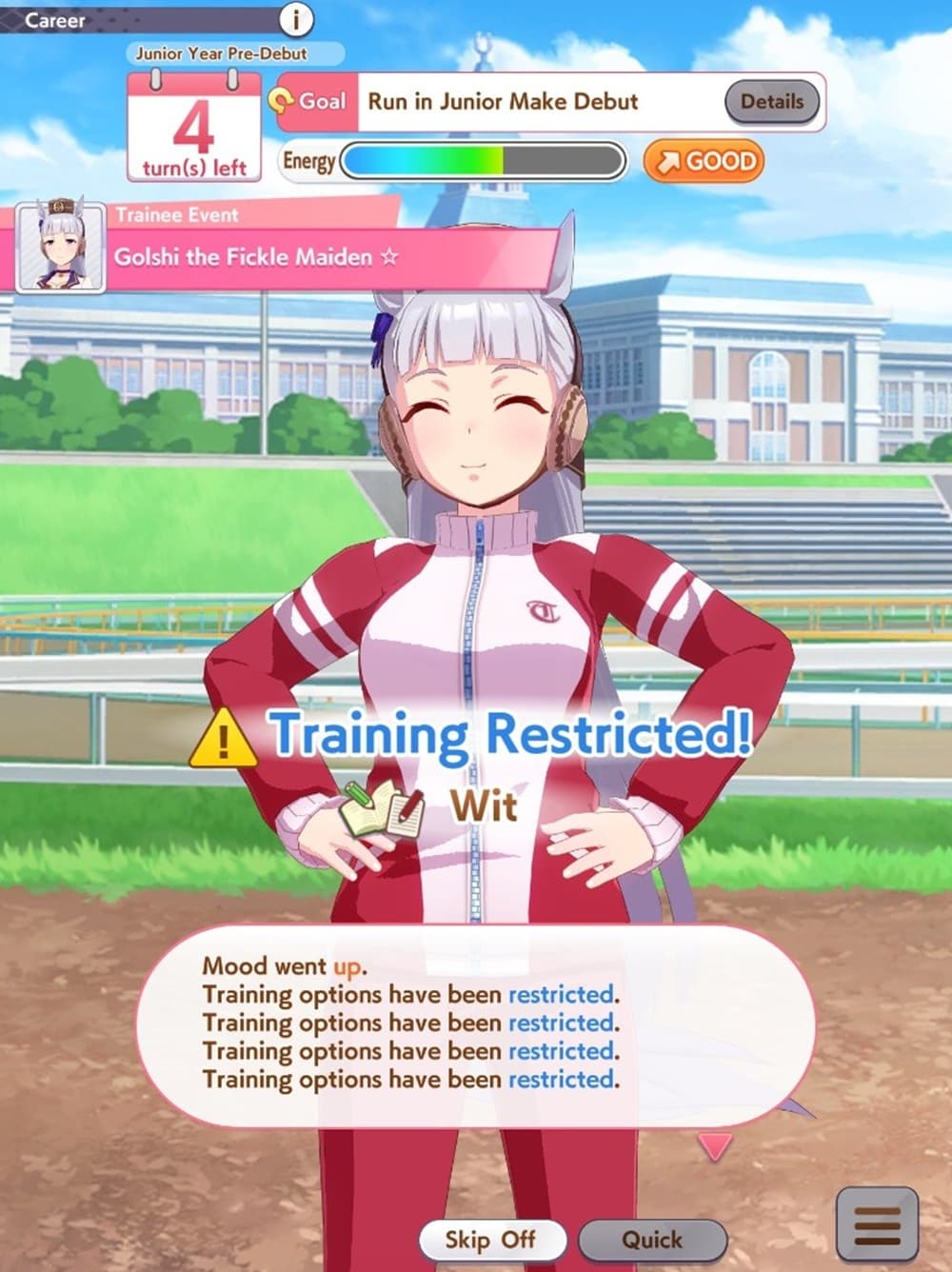 A picture of the white-haired horse-girl goldship looking happy on a running field, all the text below her notes that her training is restricted.