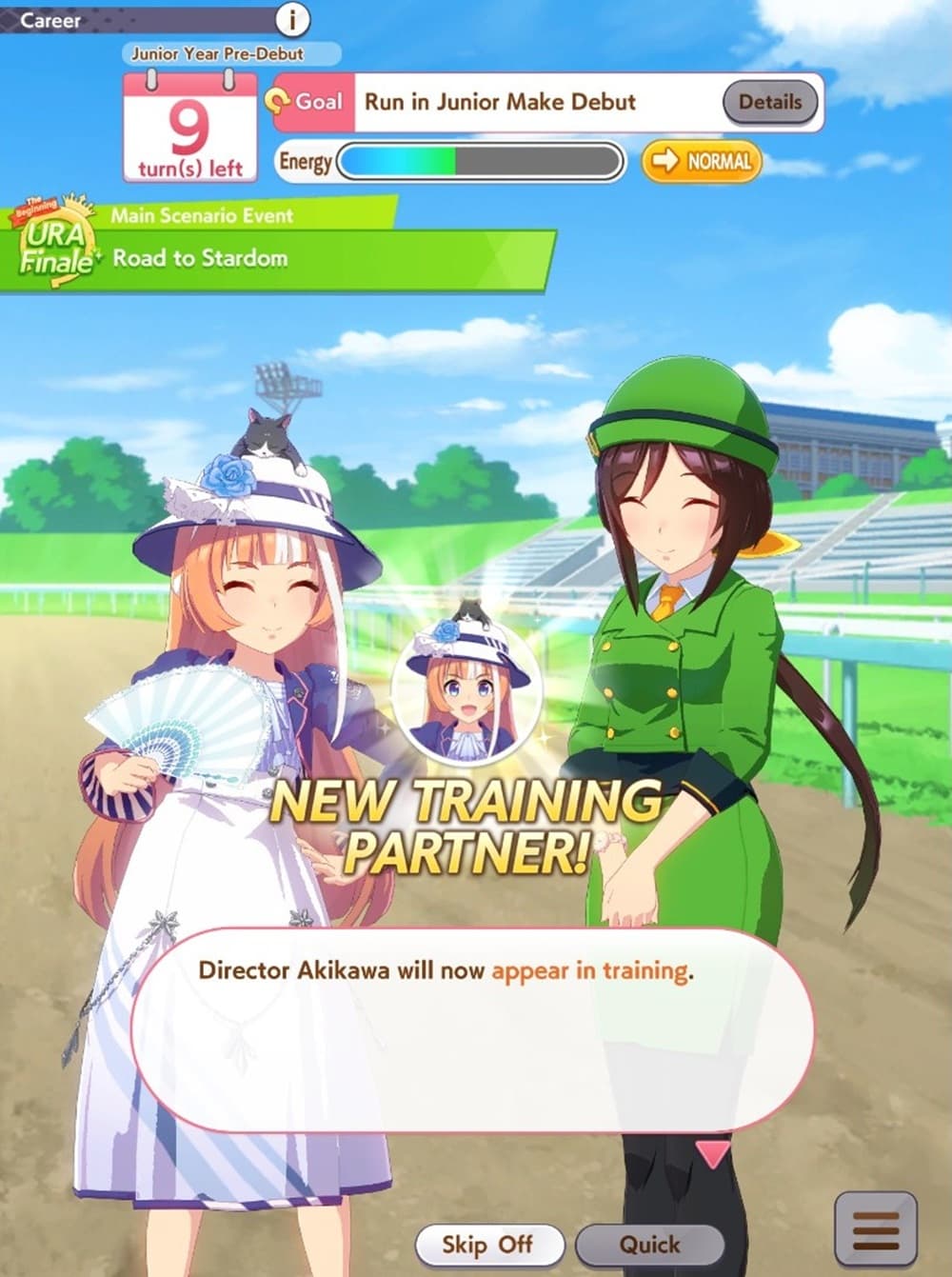 A taller woman in green stands next to a shorter girl with fancy clothing who is raising a fan in salute. The text reads 'Director Akikawa will now appear in training'