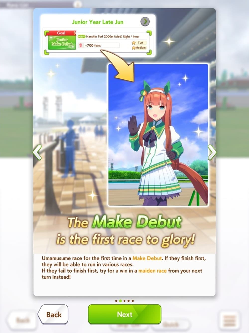 An overlay image on a menu that shows a waving horse-girl and text that says 'The make debut is the first race to glory'