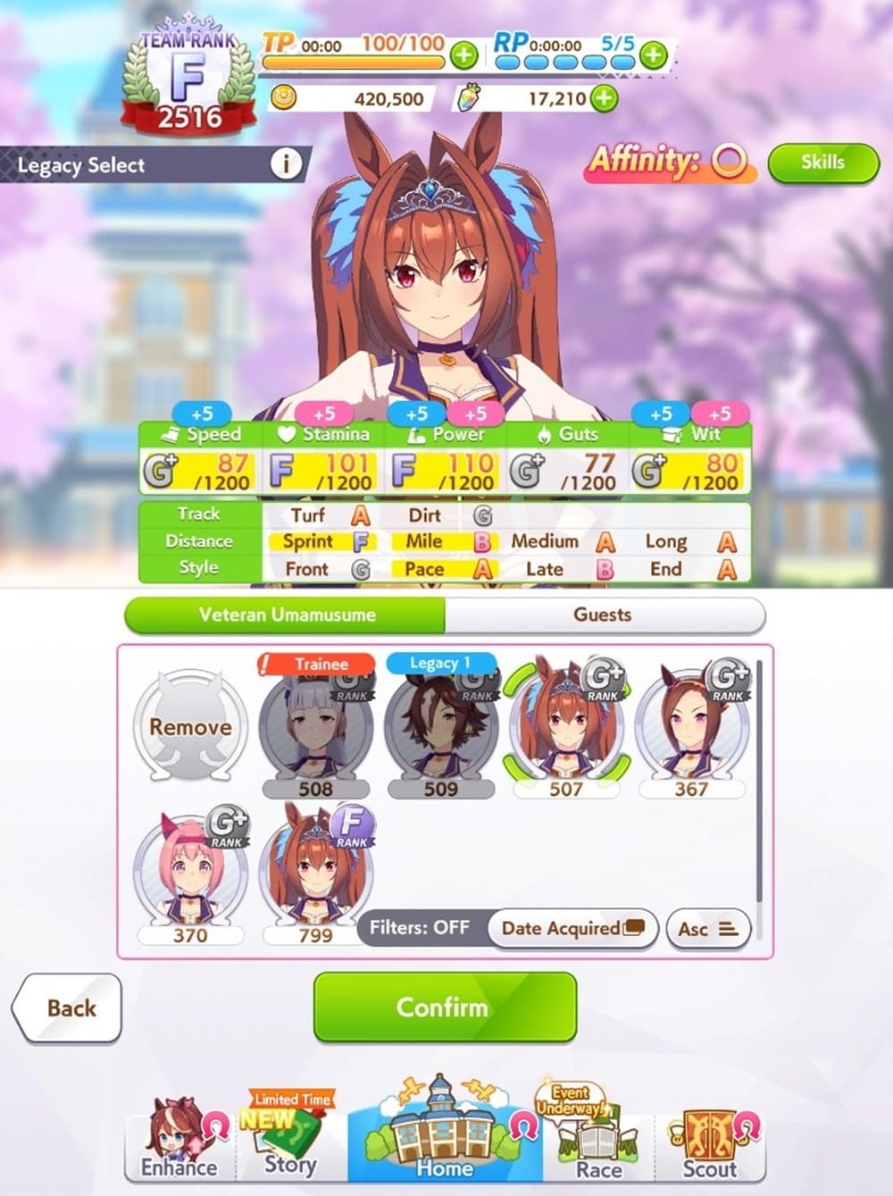 A complex menu featuring icons of different horse girls, each with a letter grade next to them. The fancily dressed horse-girl from the previous image is above them.