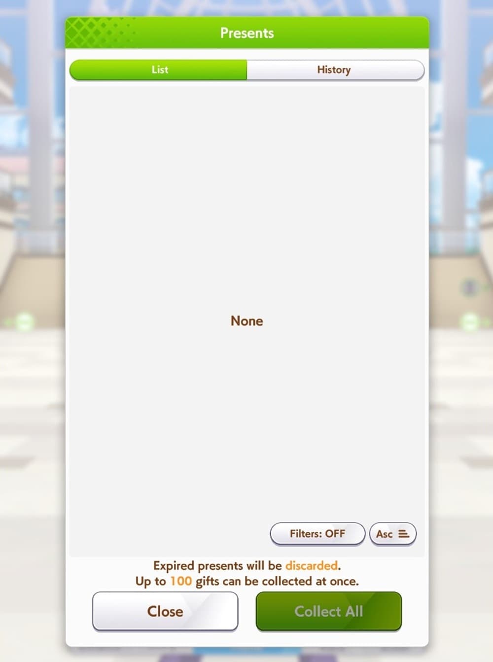 A bland menu that says there are no gifts to be claimed for the moment