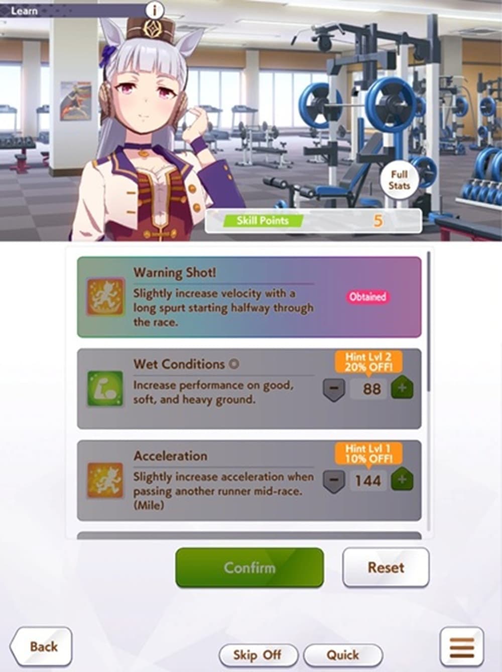 A menu where gold ship is overlaid across a gymnasium in the back, a menu showing skills that can be purchased is below.